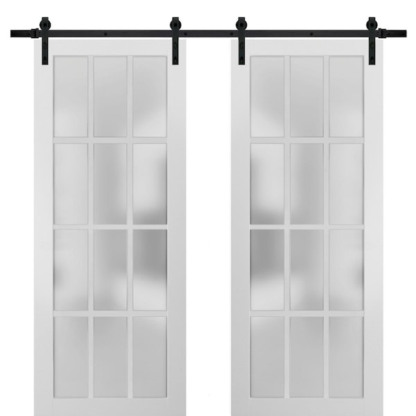 Sartodoors Sturdy Double Barn Door with Frosted Glass 12 Lites, Felicia 3312 Matte White, 13FT Rail Hangers H FELICIA3312DB-WS-8496 - main