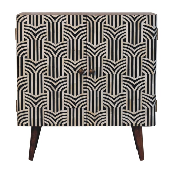 Homeroots 32in Brown Black and White Solid Wood And Inlaid Bone Textured Accent Cabinet With Two Doors 654263 - main