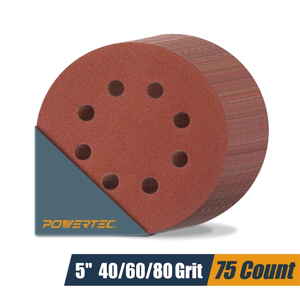 Powertec 5 in. 8 Hole Hook and Loop Sanding Discs Assortment, Aluminum Oxide, 40/60/80 Grit, 75PK 45051N - main