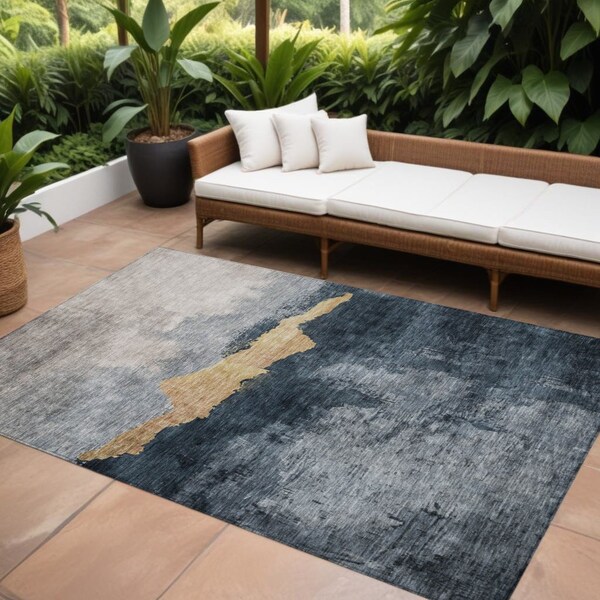Homeroots 10' X 14' Blue Gray And Gold Abstract Washable Indoor Outdoor Area Rug 602998 - main
