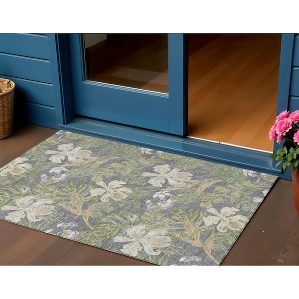 Homeroots 3' X 5' Gray Beige And Olive Green Botanical Leaves Washable Indoor Outdoor Area Rug 618400 - main