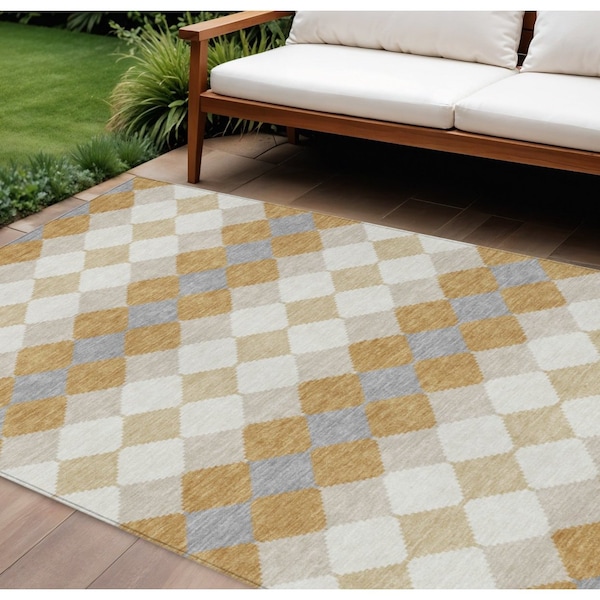 Homeroots 8' X 10' Gold Copper And Ivory Geometric Washable Indoor Outdoor Area Rug 597899 - main