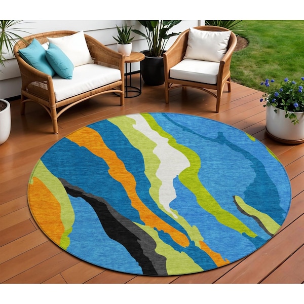 Homeroots 8' Denim Blue Copper And Green Round Abstract Washable Indoor Outdoor Area Rug 600962 - main