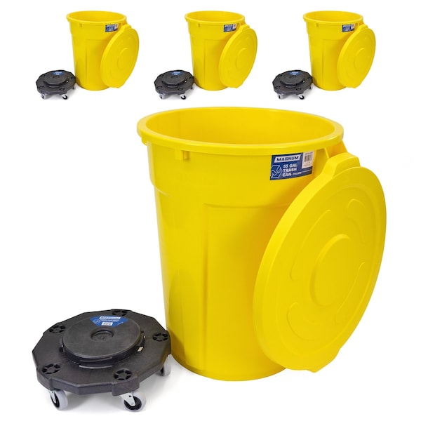 Magnum Tool Yellow 55 Gallon Trash Can Set (Trash Can, Quiet Dolly, and Reinforced Lid) (4 Set) CMTC-CLD0-55Y04 - main