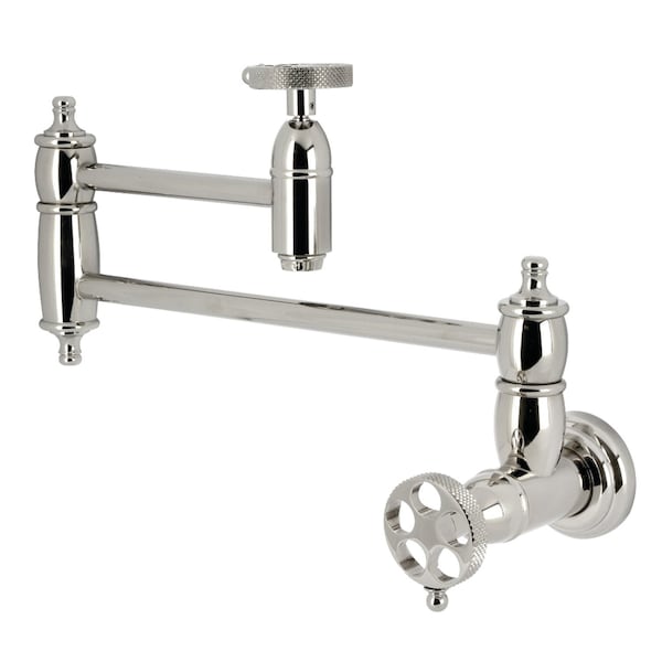 Kingston Brass Wall Mount Pot Filler Faucet with Knurled Handle, Polished Nickel KS3106RKX - main
