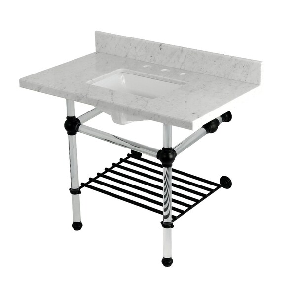 Kingston Brass 36-Inch Carrara Marble Console Sink with Acrylic Legs and Shelf, 8-Inch, 3-Hole KVPB3630MASQB0 - main