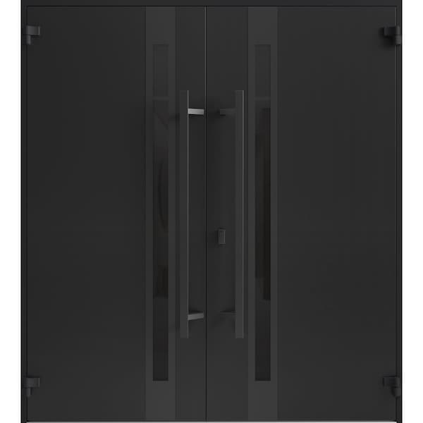 Vdomdoors Front Exterior Prehung Aluminum Double Doors Ronex1033 Teak Mirrored Clear Glass Entry Metal Modern RONEX1033DEXD-OAK-W72xH96-RH-O - main