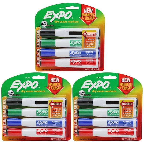 Expo Magnetic Dry Erase Markers with Eraser, Chisel Tip, Assorted, 4-Colors Per Set, 3PK 1944728 - main
