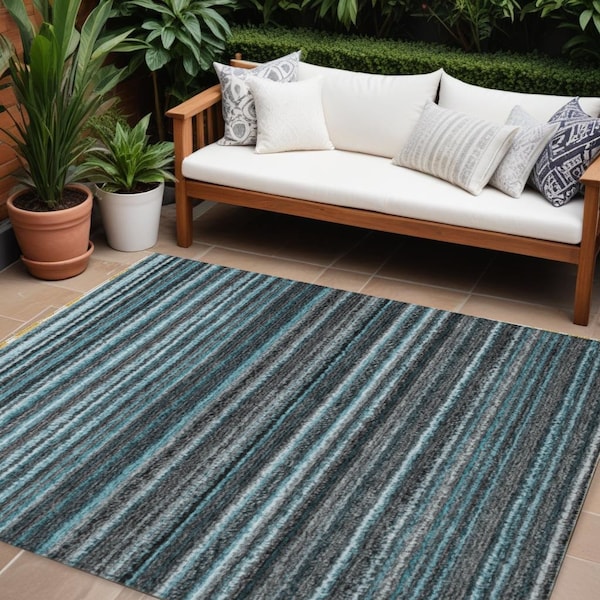 Homeroots 8' X 10' Teal Blue Sky Blue And Gray Striped Washable Indoor Outdoor Area Rug 577814 - main