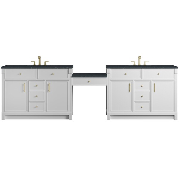 James Martin Vanities Bellshire 120" Dual Vanity Set w/24" Make-Up Counter, Bright White w/3 cm Charcoal Soapstone Silesto 660-VMC120-BW-3CSP - main