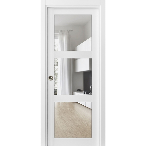 Sartodoors Sliding French Pocket Door with Clear Glass 3 Lites, Lucia 2555 White Silk, Kit Trims Rail Hardwar LUCIA2555PD-WS-2484 - main