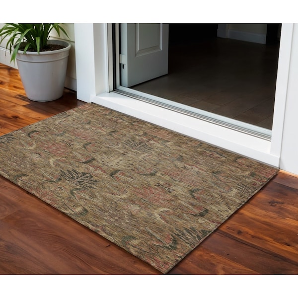 Homeroots 3' X 5' Brown Charcoal And Brick Red Damask Washable Indoor Outdoor Area Rug 603305 - main