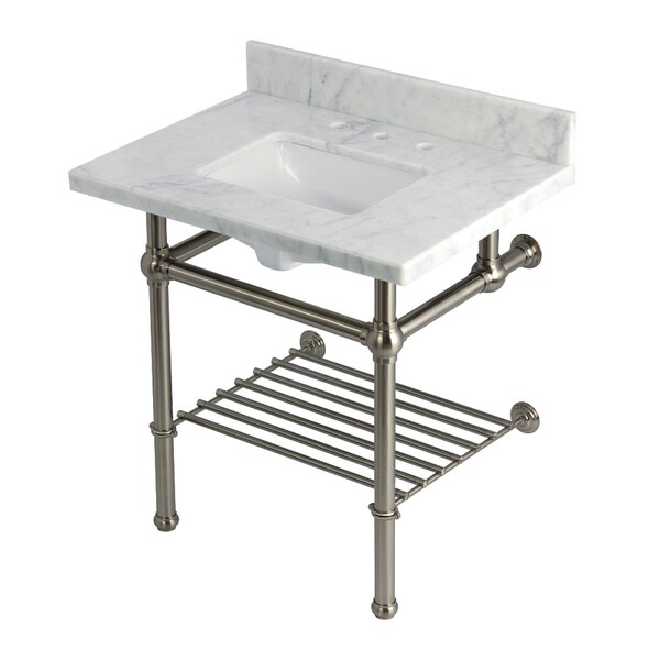 Kingston Brass 30-Inch Carrara Marble Console Sink with Brass Legs and Shelf, 8-Inch, 3-Hole KVPB3030MBSQB8 - main