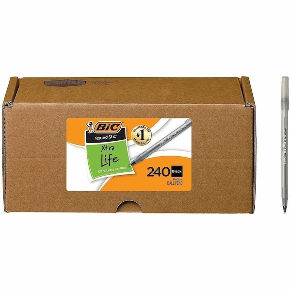Bic Round Stic Xtra Life Stick Ballpoint Pen VP, 1mm, Black Ink and Barrel, 240/Carton GSM240BK - main