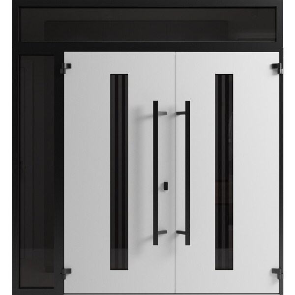 Vdomdoors Front Exterior Prehung Aluminum Double Doors Ronex1055 Teak 1 Sidelight and Top Transom Mirrored RONEX1055DEXD-OAK-W72+12xH96+14-LH-I - main