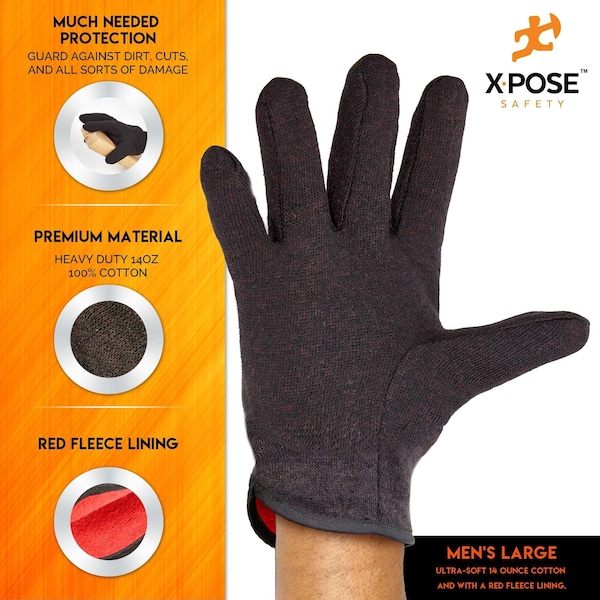 Xpose Safety Protective Work Gloves, 1Men's L, 14oz, , 100% Cotton, Red Fleece Lined, Brown BGRF-L - main