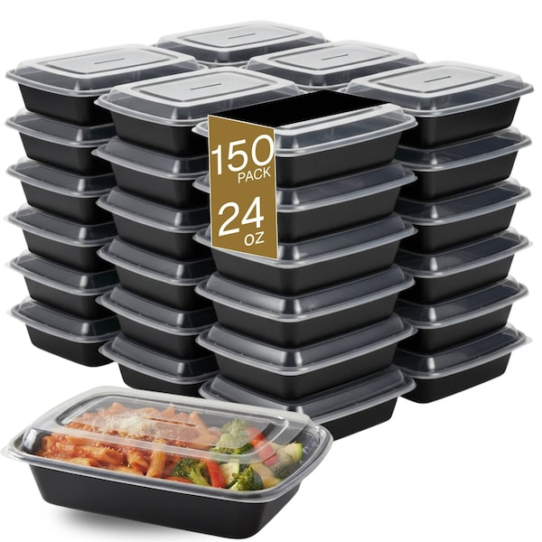 Eco Harmony Products Microwaveable Shallow Food Container, Rectangular with Lid, 24oz, 150PK 804548 - main