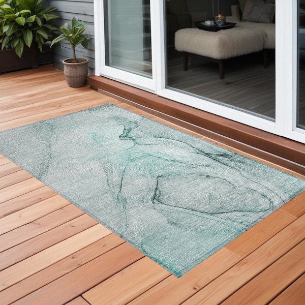 Homeroots 2' X 3' Teal Abstract Washable Non Skid Indoor Outdoor Area Rug 559415 - main