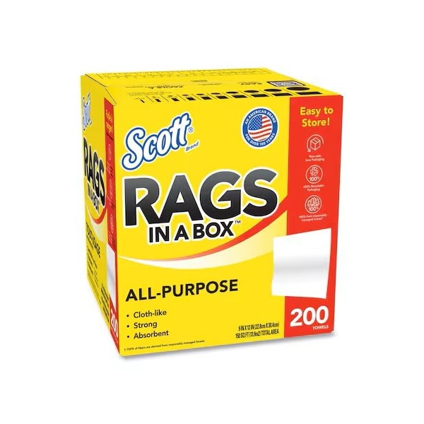 Scott Scott Rags In A Box, Disposable Rags, Rinse & Reuse, Pop-Up Box, White, 200 Shop Towels/Box, 1600 PK KCC 75260 - main