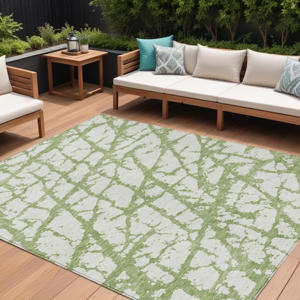 Homeroots 10' X 14' Green And Ivory Abstract Washable Indoor Outdoor Area Rug 614346 - main