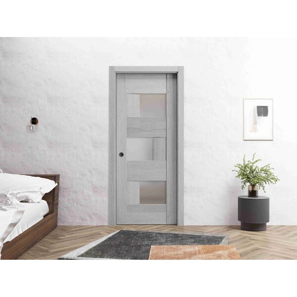 Vdomdoors Sliding French Pocket Door 32 x 80in, Light Grey Oak W/ Frosted Glass, Kit Trims Rail Hardware SETE6933PD-OAK-32 - main