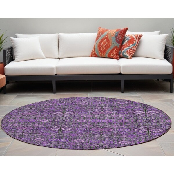 Homeroots 8' Round Purple and Green Round Floral Washable Non Skid Indoor Outdoor Area Rug 564361 - main