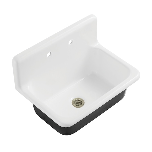 Kingston Brass 30" Cast Iron Single Bowl Wall Mount Kitchen Sink, 2-Hole with Strainer, White/Brushed Nickel KGCKWS3020108 - main