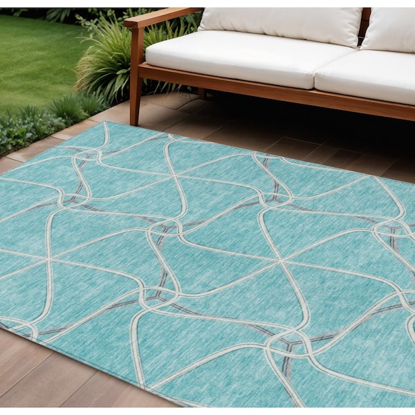 Homeroots 9' X 12' Teal Blue And Ivory Geometric Washable Indoor Outdoor Area Rug 612909 - main
