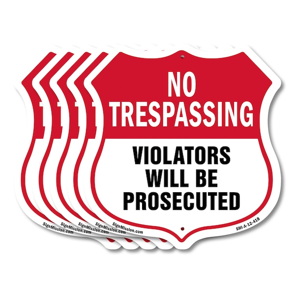 Signmission No Trespassing Shield Sign Violators Wil, 12 inch X 12 inch, Aluminum Metal Sign, 5PK SHI-A-5Pack-12-418 - main
