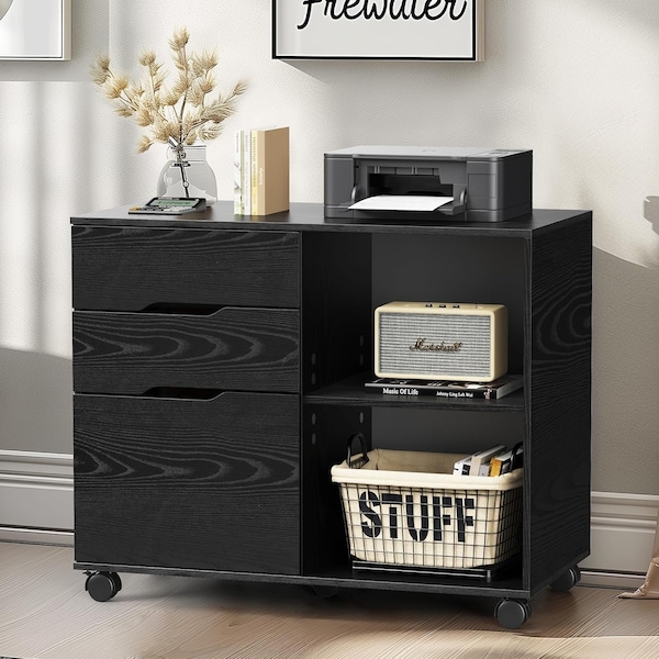 Simple Deluxe 3-Drawer File Cabinet, Lateral Mobile Filing Cabinet Wood Storage Organizer with Wheels, Printer St 3A88CABINET3C01BLK01 - main