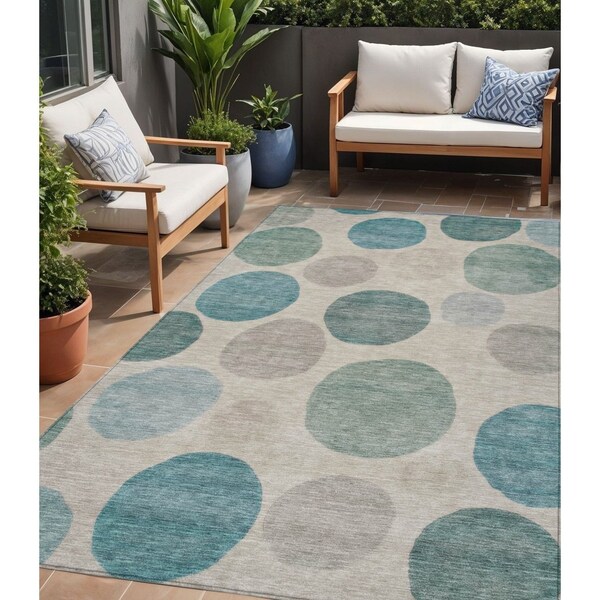Homeroots 5' X 8' Teal Blue Ivory And Pale Aqua Geometric Washable Indoor Outdoor Area Rug 630592 - main