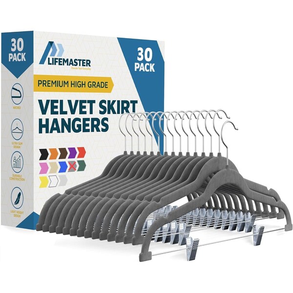 Lifemaster Velvet Skirt Hangers, Adjustable Clips, 360 Deg Swivel Hook, Non-Slip, Holds 10 lbs, Gray, 30PK LMVSH30GY - main