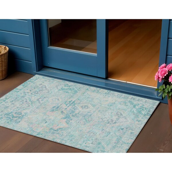 Homeroots 3' X 5' Teal Blue And Pink Floral Medallion Washable Indoor Outdoor Area Rug 616634 - main