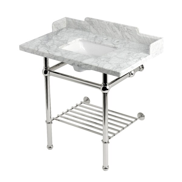 Kingston Brass 36-Inch Carrara Marble Console Sink with Brass Legs and Shelf, 8-Inch, 3-Hole LMS36MBSQB6 - main