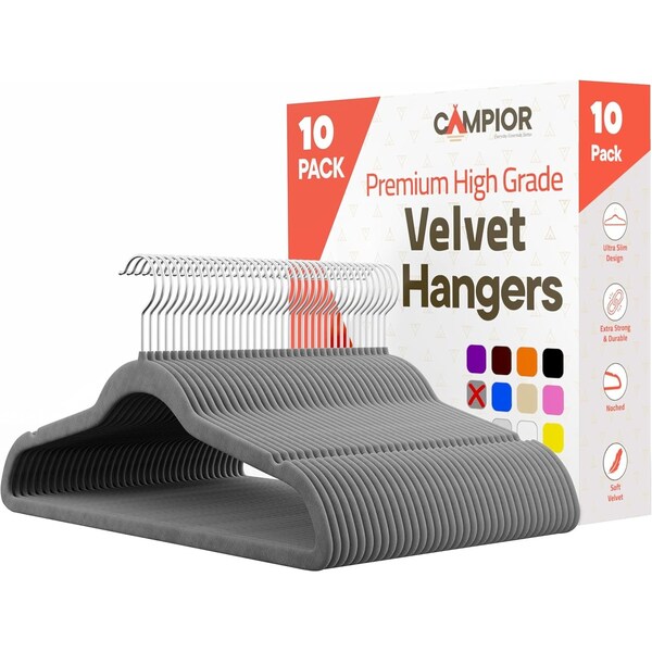 Campior Premium Velvet Non-Slip Hangers, Heavy Duty, 360 Deg Swivel Hook, Grey Velvet Finish, 10PK CMPVVH10GY - main