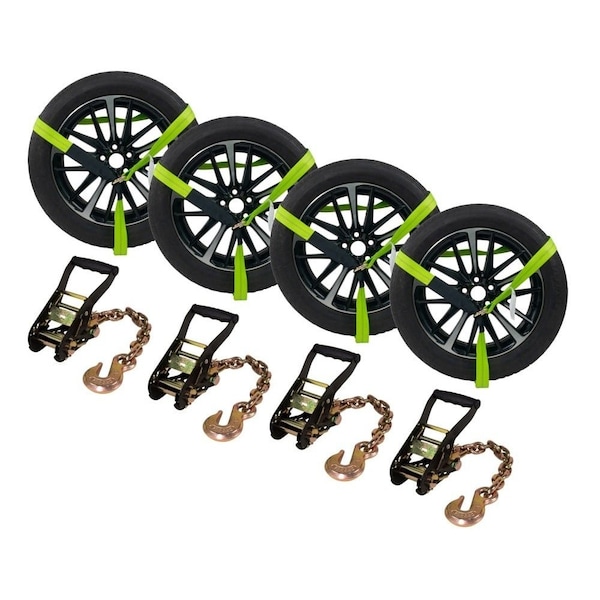 Mytee Products 4Pk Car Tire Tie Down Ratchet Lasso Straps w/ Chain Anchor 3,335 # WLL 2in x 8ft TDK-RG-3004 - main