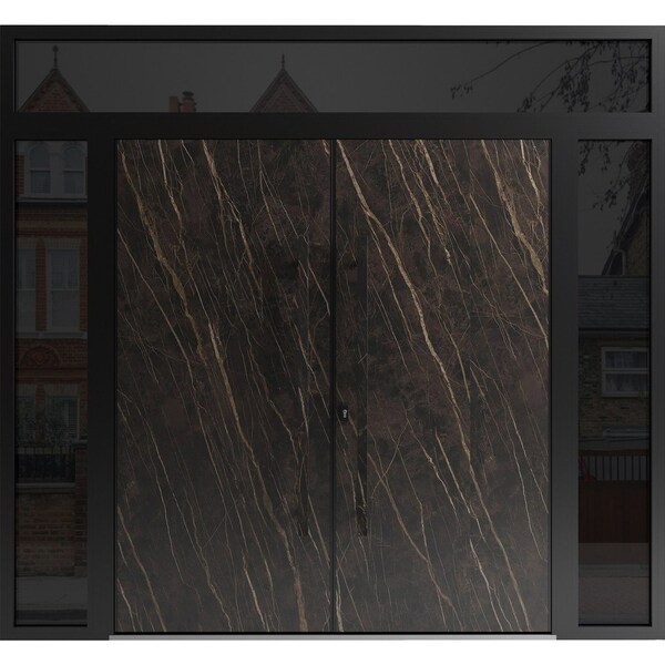 Vdomdoors Aluminum Double Doors Dekton 0118 Natural Noir 2 Sidelights and Top Transom Entry Door Painted (W10 DEKTON0118DEXD-NOIR-W14+72+14xH96+14-RH-O - main