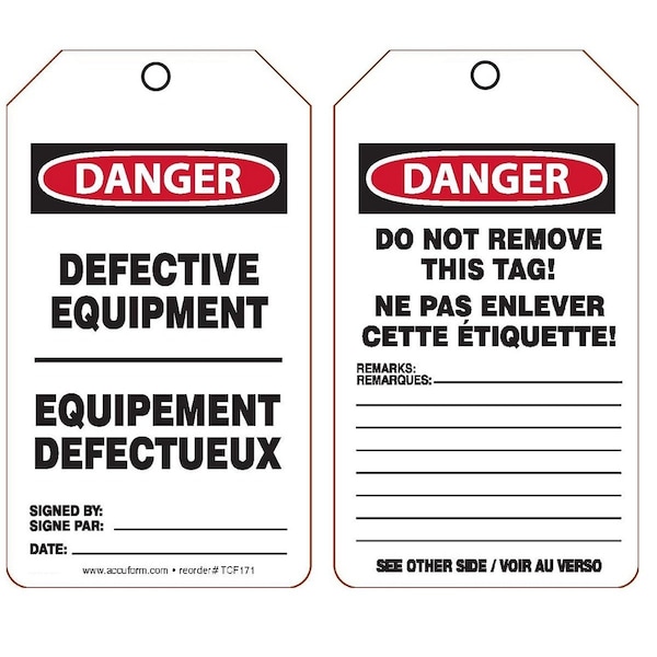 Accuform French Bilingual Safety Tags, DANGER DEFECTIVE EQUIPMENT, 5.75in x 3.25in, RP-Plastic, 25PK TCF171PTP - main