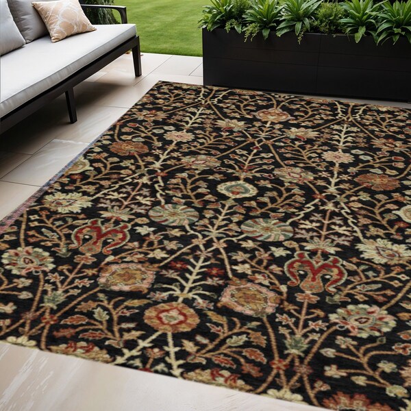 Homeroots 8' X 10' Black Brown And Red Floral Washable Indoor Outdoor Area Rug 603404 - main