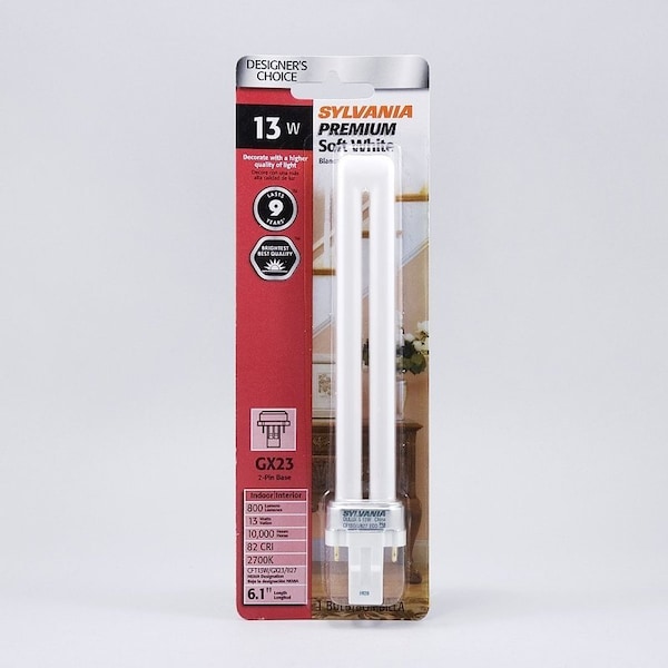 Sylvania Compact Fluorescent Bulb, 13 W, T4 Lamp, GX23 Lamp Base, 820 Lumens, 2700 K Color Temp, Soft White 20491 - main