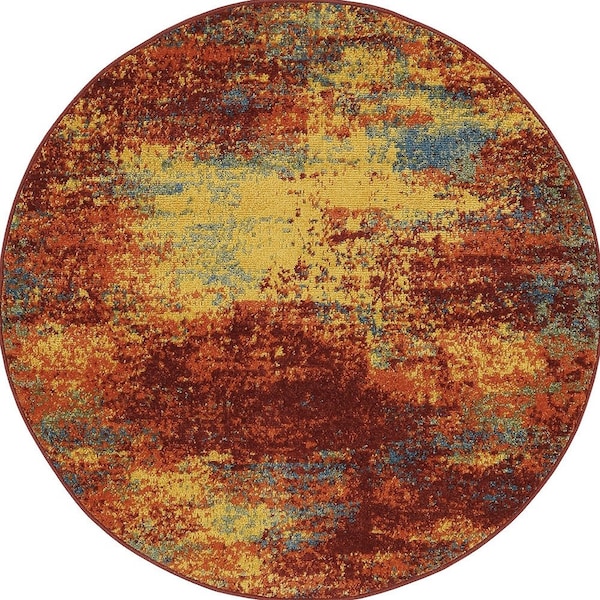 Homeroots 4' Flame Yellow And Orange Round Abstract Indoor Outdoor Area Rug 573902 - main