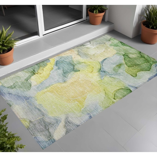 Homeroots 3' X 5' Yellow Abstract Washable Non Skid Indoor Outdoor Area Rug 559544 - main