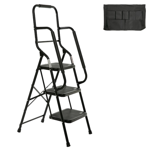Wrightmaster 3-Step Steel Step Ladder (7 ft. Reach) w/500 lbs Load Capacity, Safety Handrails, Removable Tool Bag ZR-5189P422491 - main