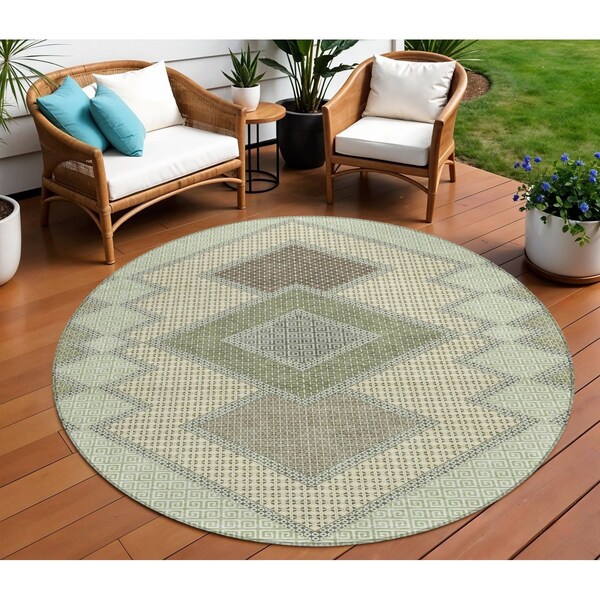 Homeroots 8' Green Gray And Taupe Round Geometric Washable Indoor Outdoor Area Rug 631911 - main