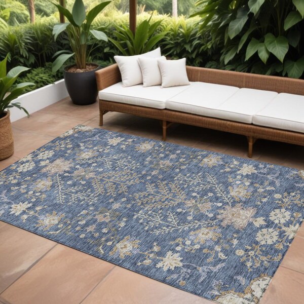 Homeroots 9' X 12' Blue Brown And Beige Floral Washable Indoor Outdoor Area Rug 605459 - main