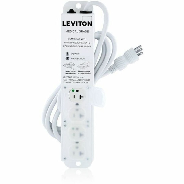 Leviton Outlet Strip, Surge, Rack Mounted, 4 5-20R, 5-20P, 7 ft., White 5304M-2S7 - main