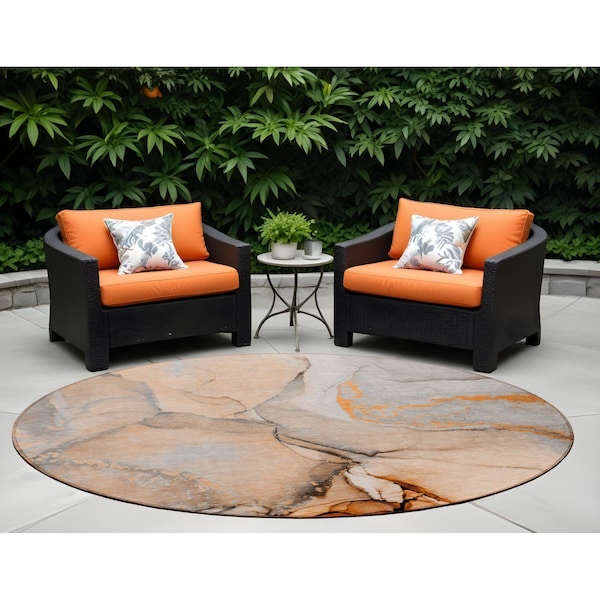 Homeroots 8' Round Orange Round Abstract Washable Non Skid Indoor Outdoor Area Rug 559699 - main
