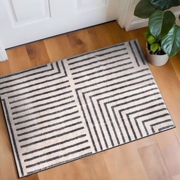 World Rug Gallery Distressed Bohemian Stripes Washable Non Slip Area Rug 2 ft x 4 ft Beige WR76BEIGE2X4 - main