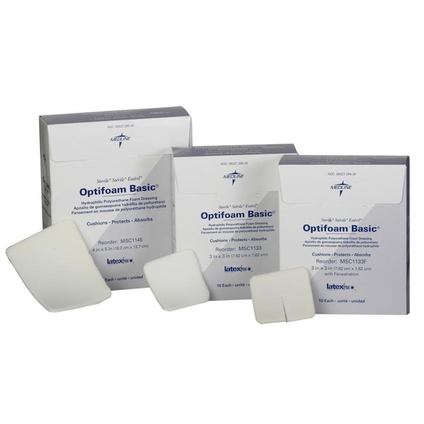 Medline Optifoam Basic Hydrophilic Polyurethane Foam Dressing, with Fenestration, 3in x 3in, 10PK MSC1133FZ - main