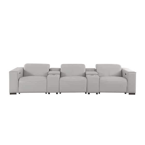 Homeroots 136" Light Gray Top Grain Leather Reclining Metal USB Sofa 720315 - main